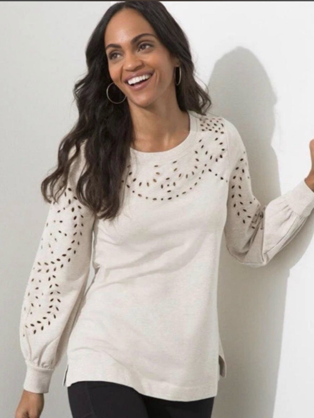 Chicos Women’s ZENERGY, French Terry Cutwork Top in Cream, Size 8/10